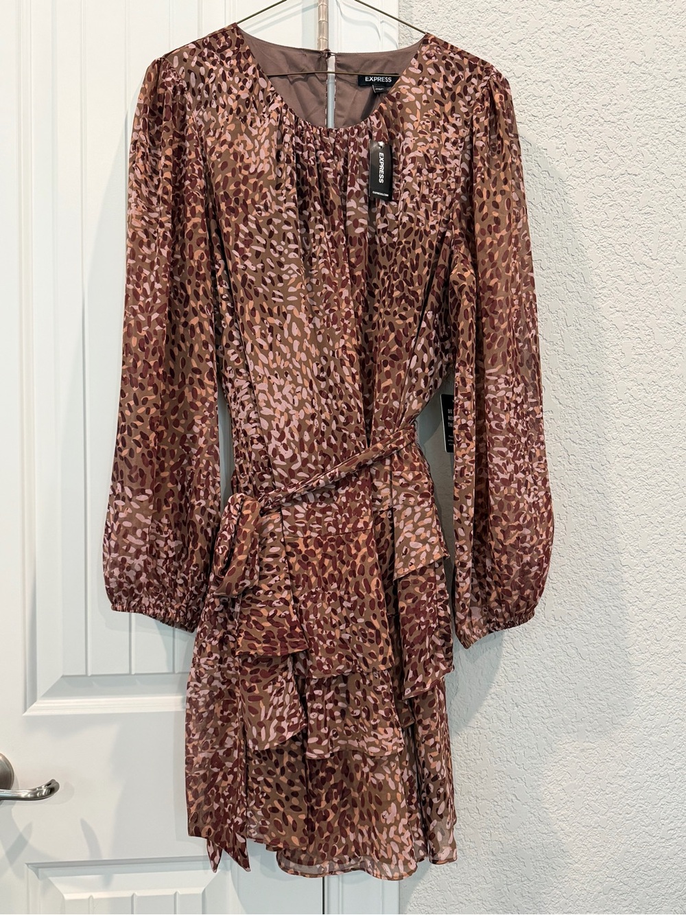 Express Pink Brown Animal-Print Long-Sleeve Ruffle Dress